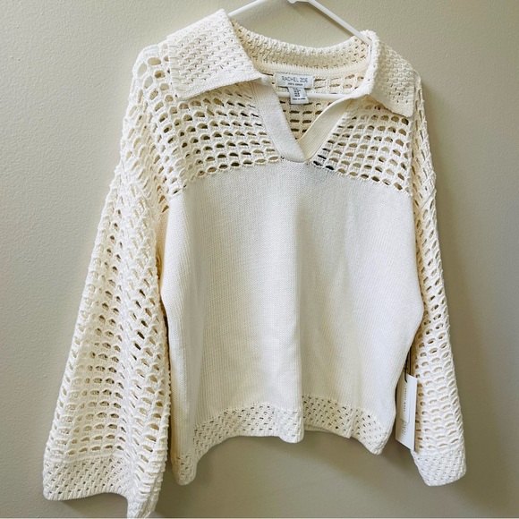 Rachel Zoe Los Angelos 100% Cotton Knit Crochet Ivory V-Neck Sweater, Sz M - Picture 1 of 12